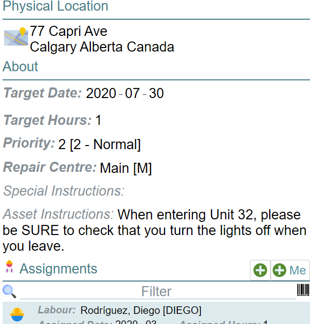 Work Order Example on Narrow Screen Space